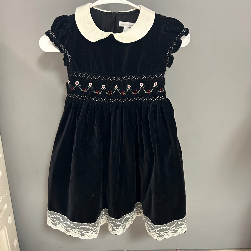 Charter Club Girls Black Velvet Smocked Floral Dress Sz 6 Peter Pan Collar